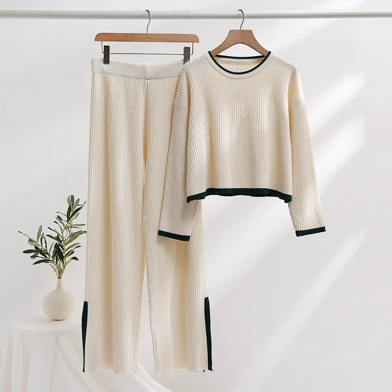 Women's Casual Knit Ensemble with High Waist and Contrast Cuffs