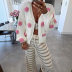 Women's Cozy Knit Cardigan with Playful Floral Appliqués