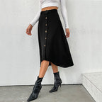 Women's Midi Skirt with Decorative Button Details and Tie Belt