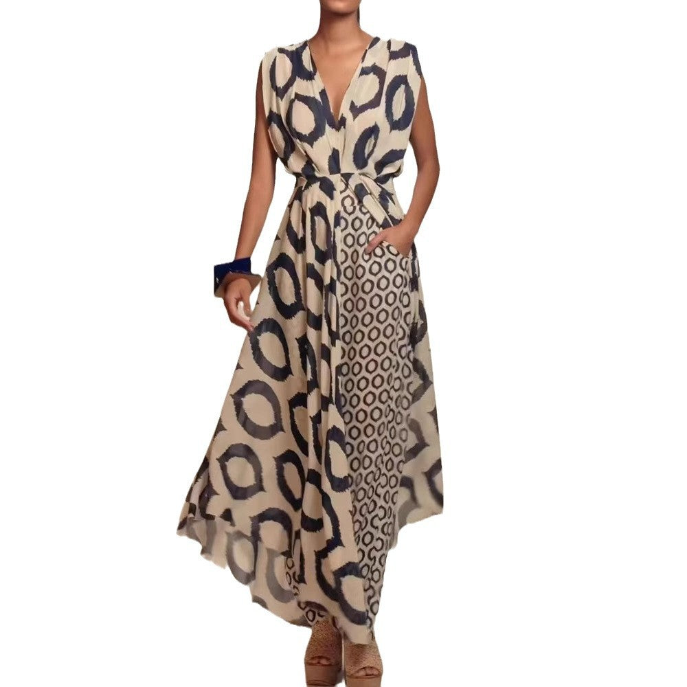 Elegant Jumpsuit with Wrap Belt and Geometric Pattern