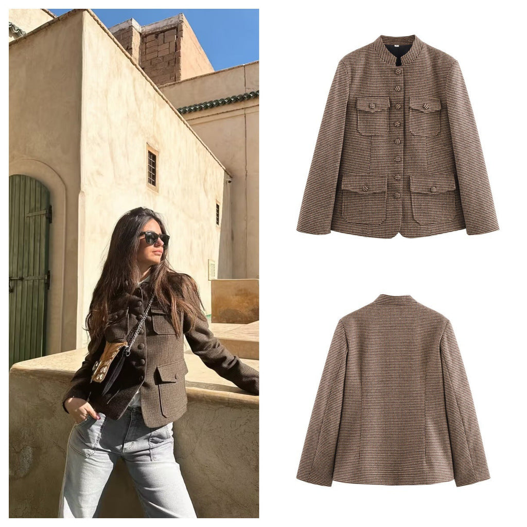 Women's Elegant Plaid Jacket with Button Placket and Pockets