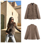 Women's Elegant Plaid Jacket with Button Placket and Pockets