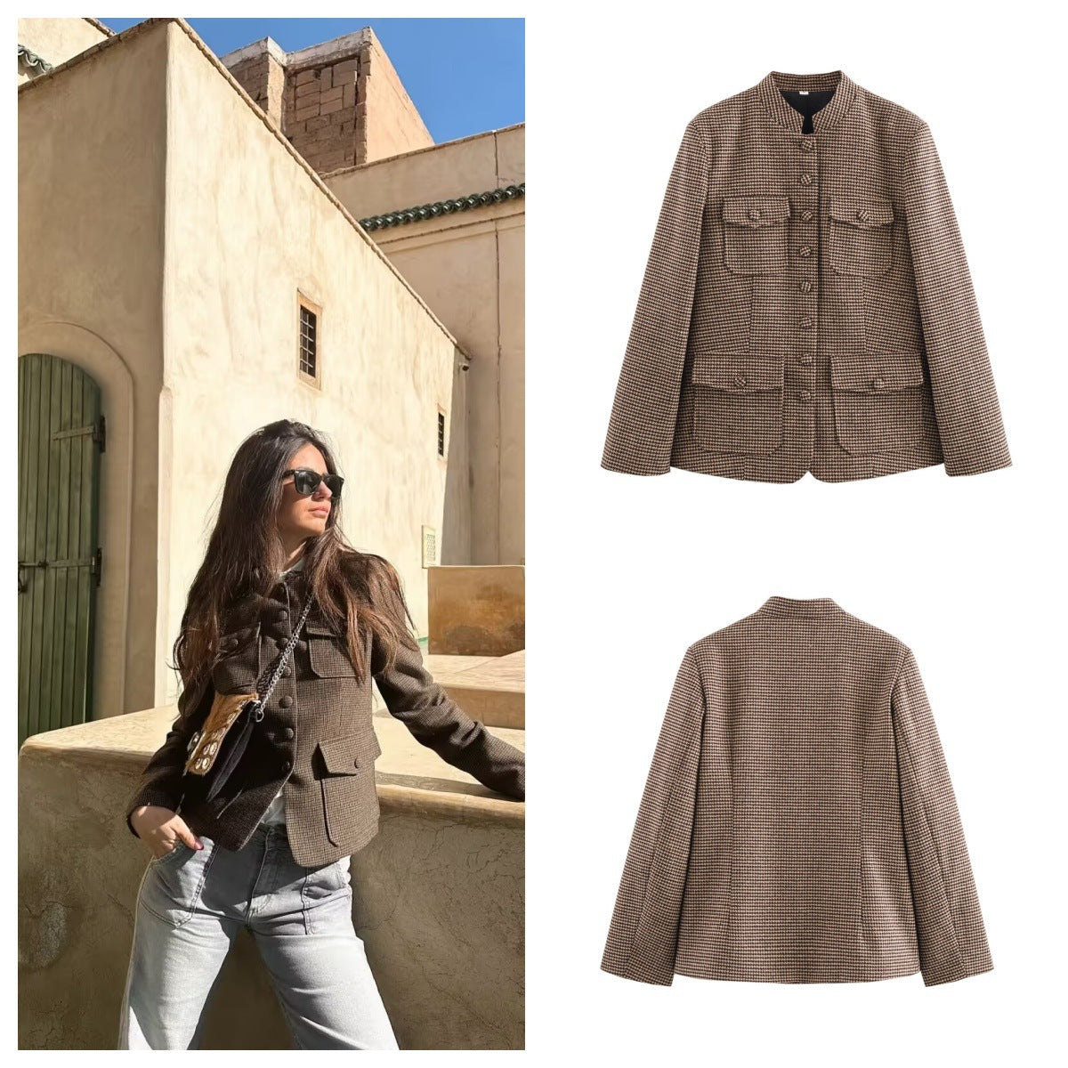 Women's Elegant Plaid Jacket with Button Placket and Pockets
