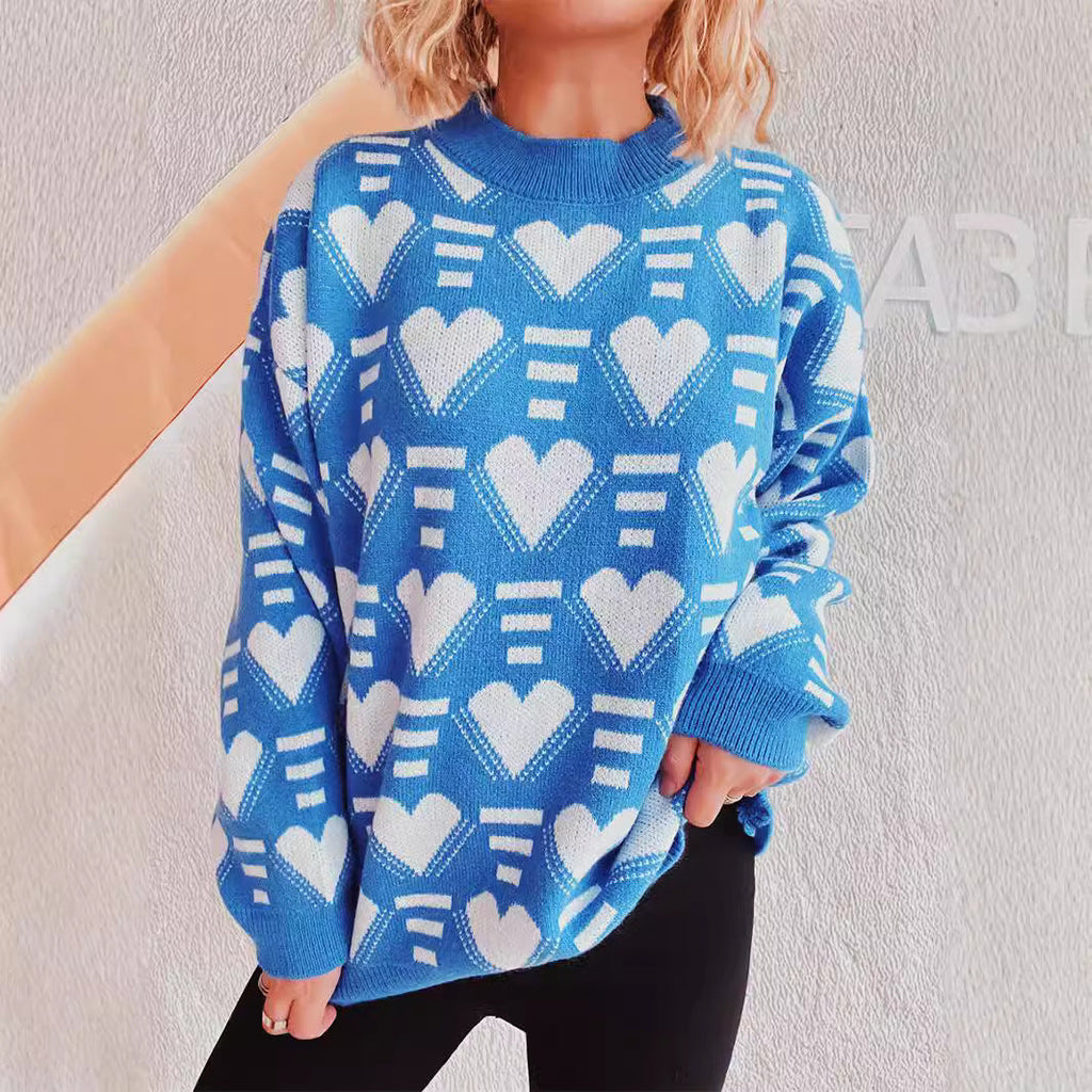 Women's Knit Sweater in Modern Heart Design with Wide Cut