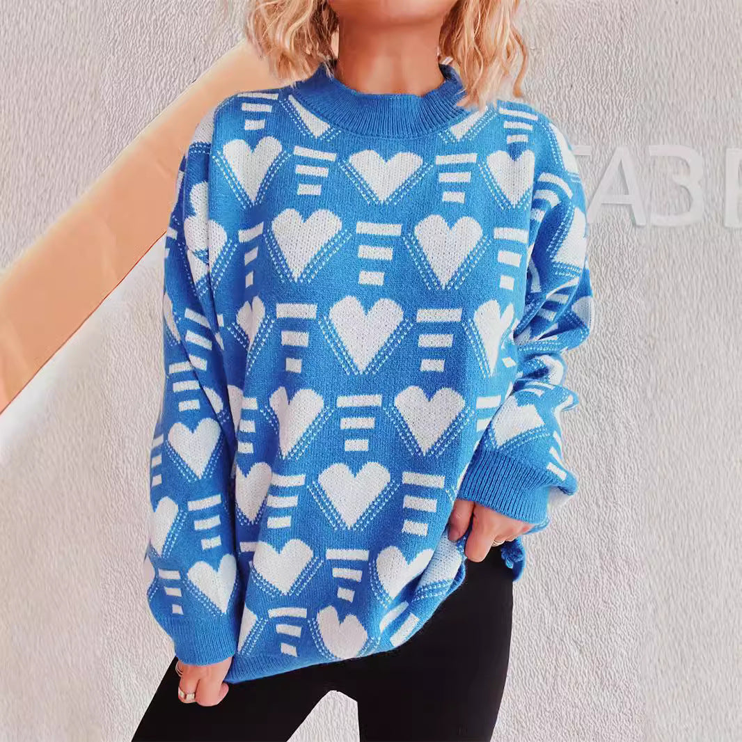Women's Knit Sweater in Modern Heart Design with Wide Cut