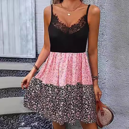 Women's Floral Dress with Lace Bodice and Tiered Skirt