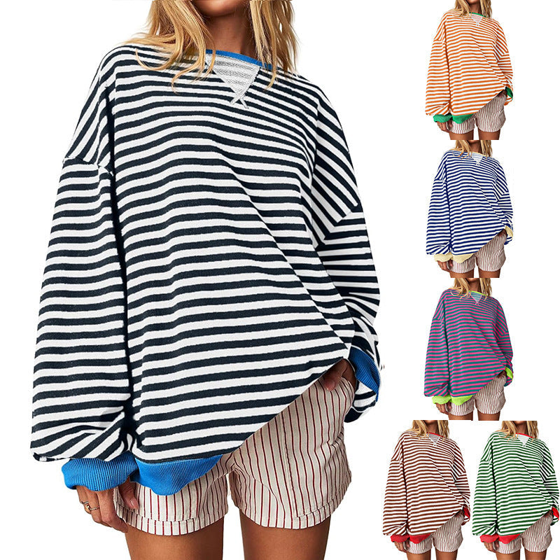 Women's Comfortable Striped Sweater with Raglan Sleeves and Elastic Cuffs