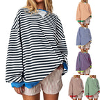 Women's Comfortable Striped Sweater with Raglan Sleeves and Elastic Cuffs