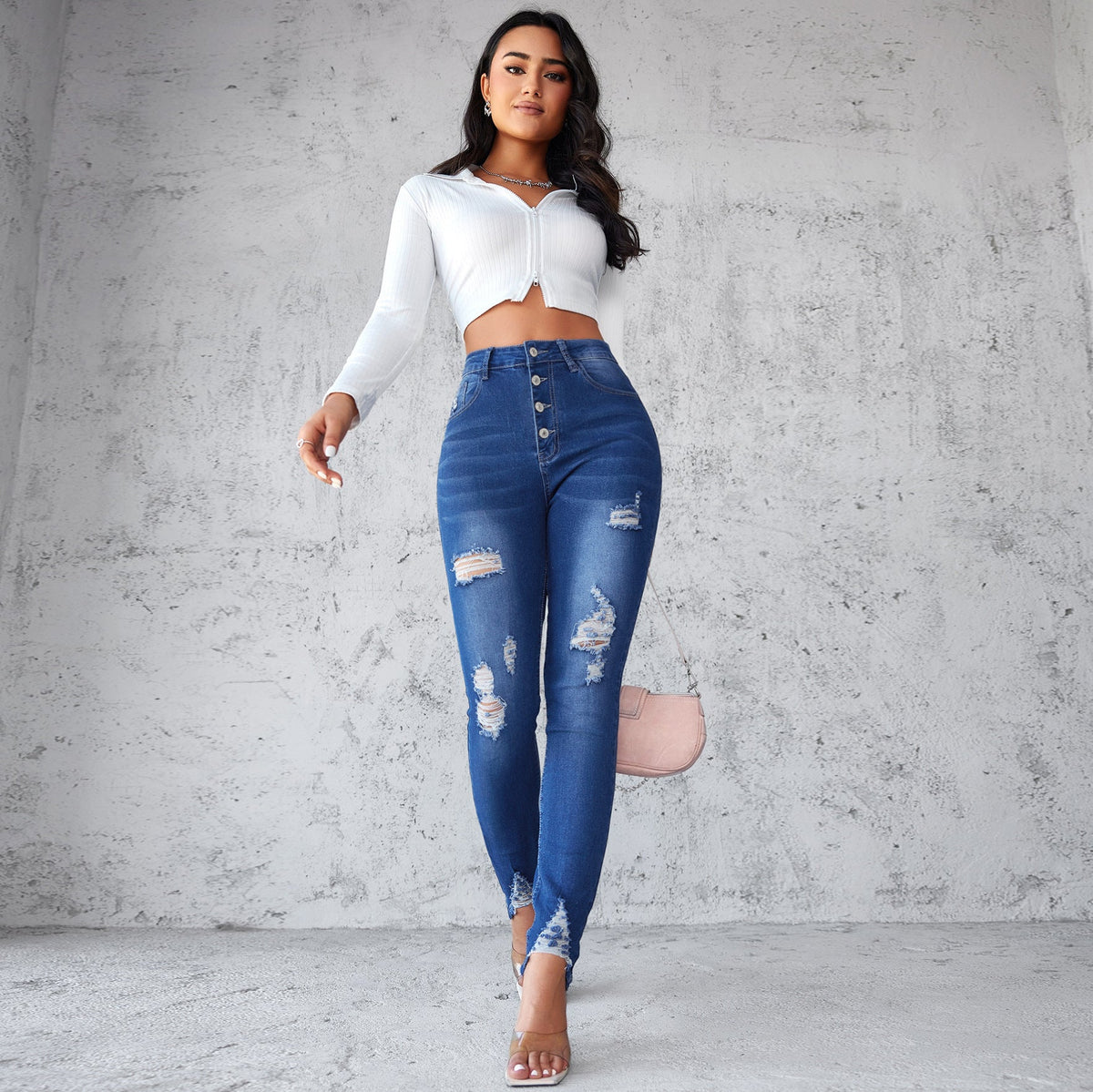 High-Waist Skinny Jeans with Distressed Details and Buttons