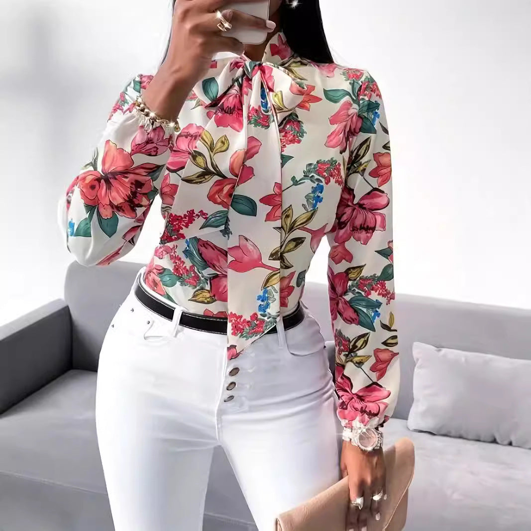 Women's Blouse with Bow Detail and Floral Design