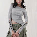 Women's Asymmetrical Long Sleeve Top with Decorative Ruched Detail