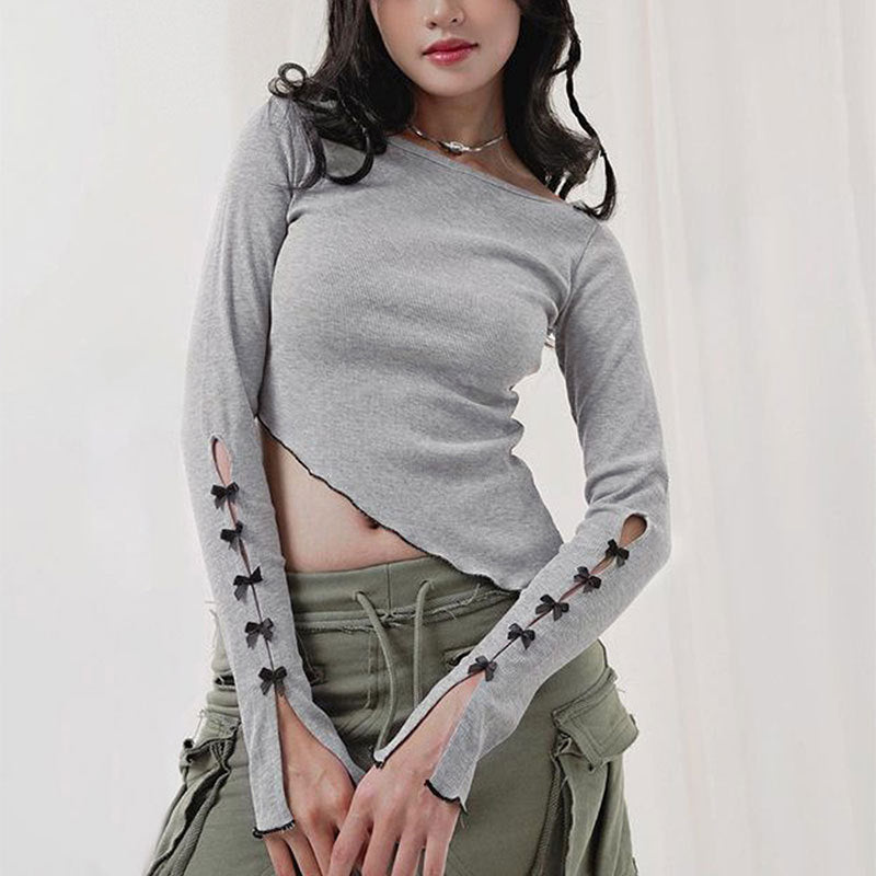 Women's Asymmetrical Long Sleeve Top with Decorative Ruched Detail