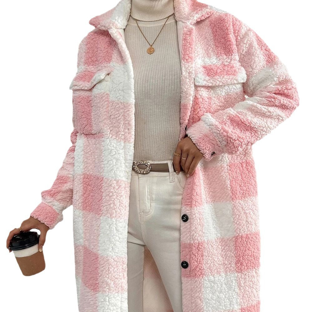 Women's Cozy Plaid Coat with Soft Lining and Button Placket