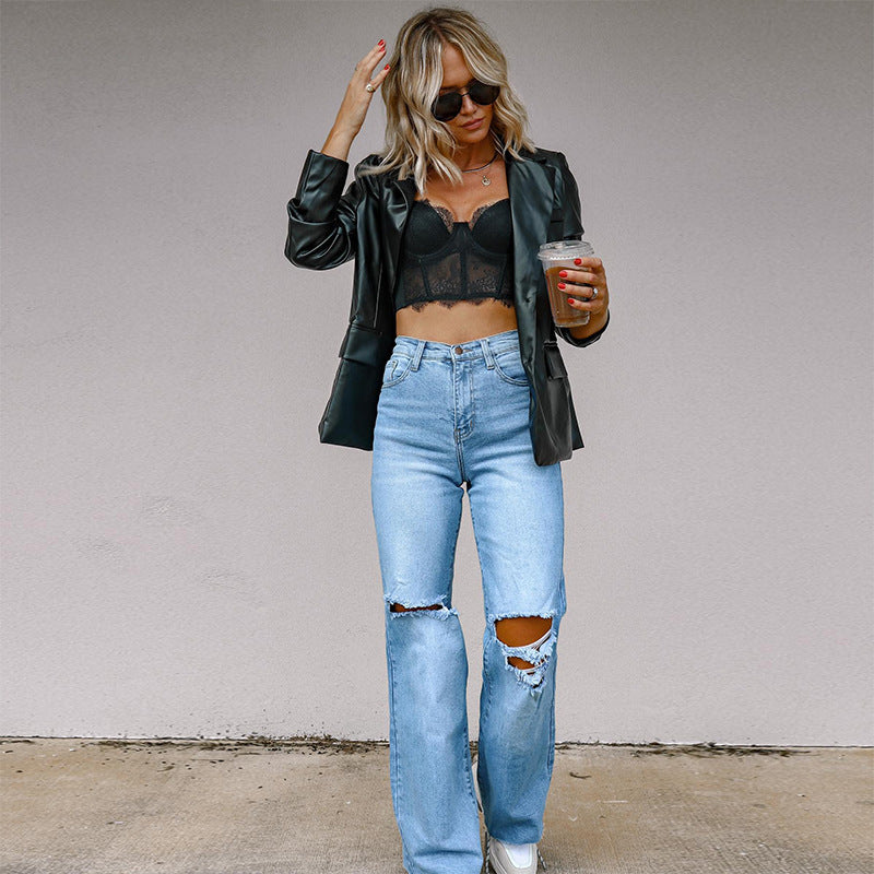 Women's Lined Wide-Leg Jeans with Distressed Details and High Waist