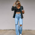 Women's Lined Wide-Leg Jeans with Distressed Details and High Waist