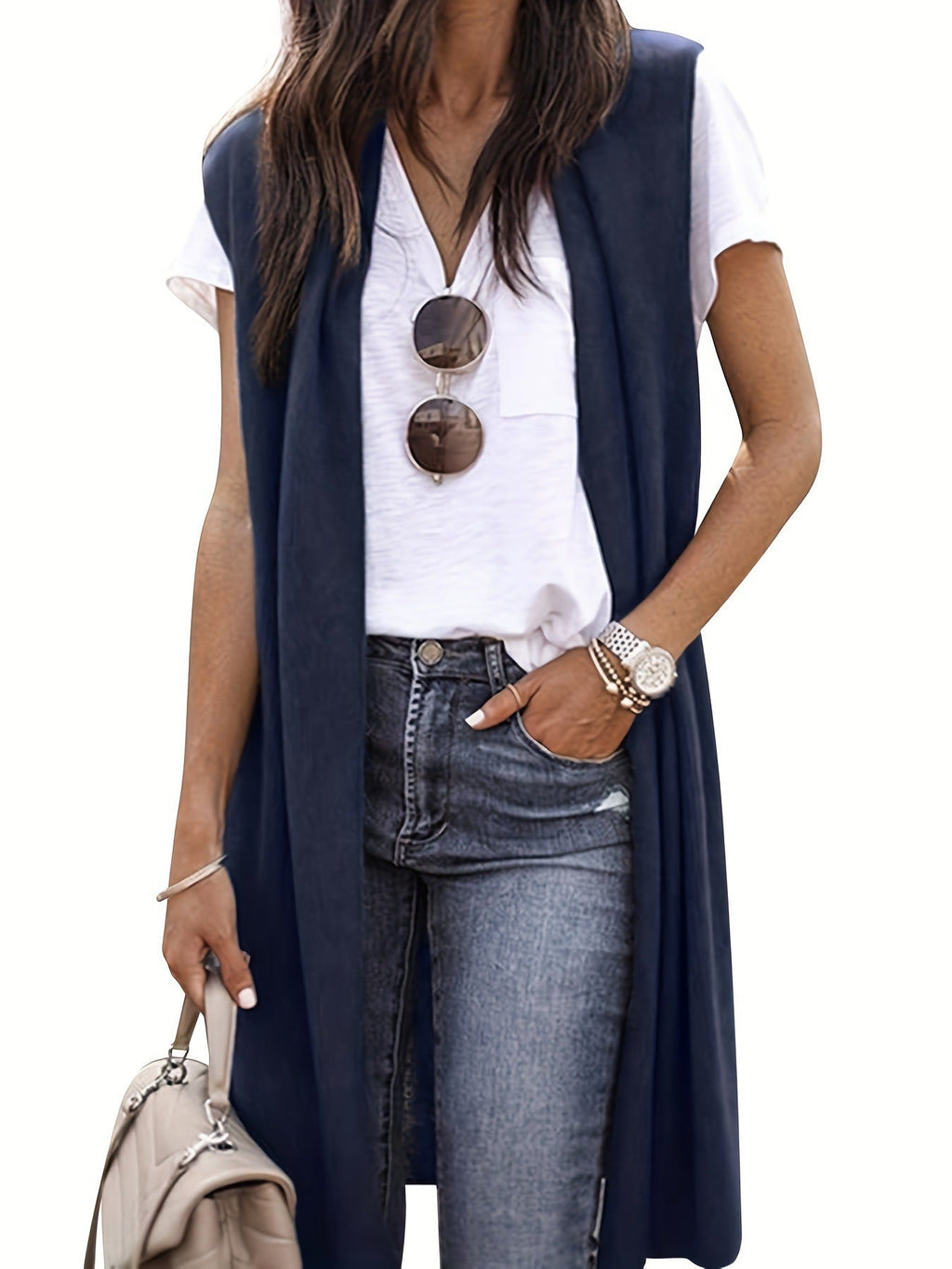 Women's Longitudinal Knit Coat with Side Slits