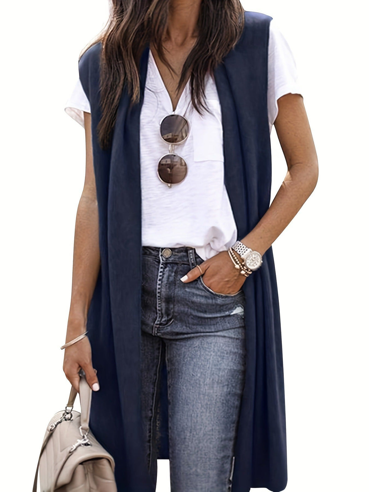 Women's Longitudinal Knit Coat with Side Slits