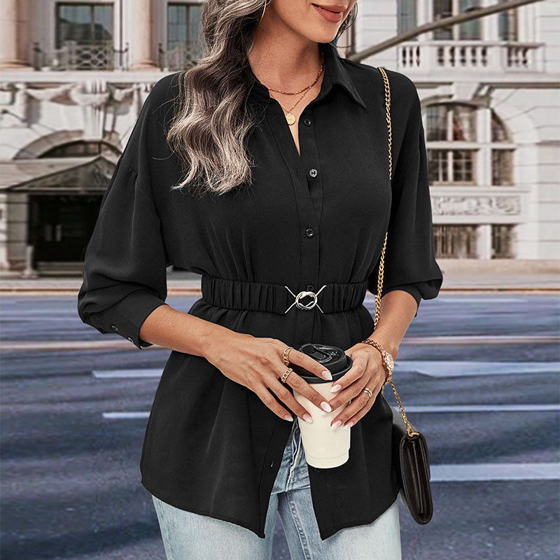 Women's Blouse with Adjustable Belt and Classic Button Design