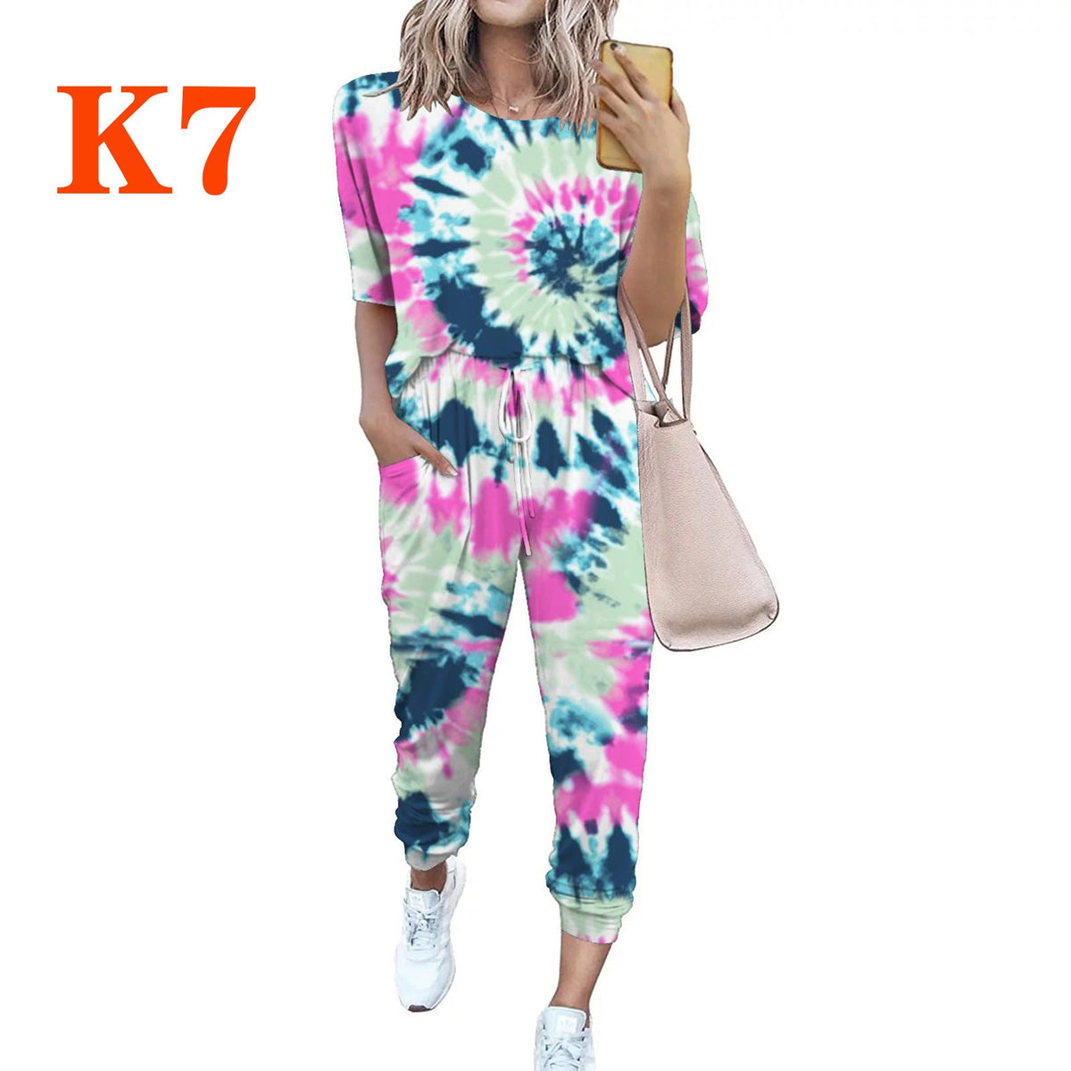 Women's Lightweight Casual Jumpsuit with Tie-Dye Pattern and Pockets