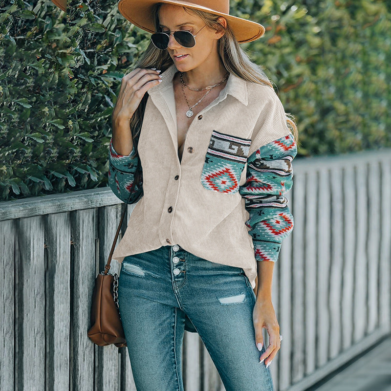 Women's Corduroy Jacket with Decorative Ethnic Pattern