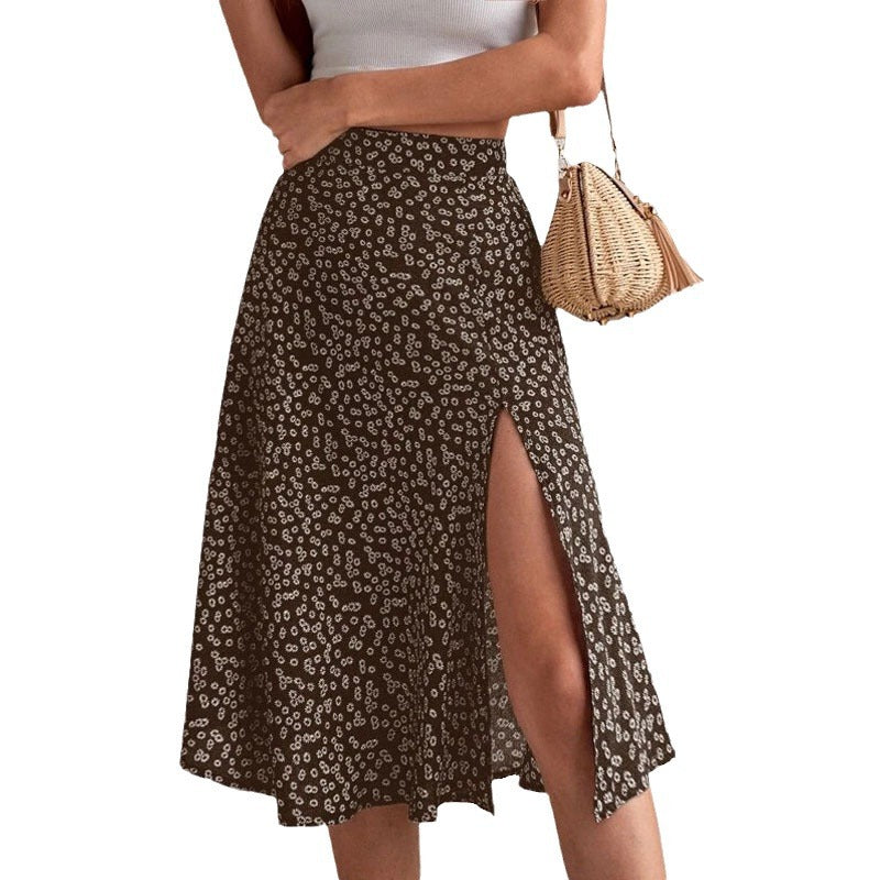 Women's Midi Skirt with Side Slit and Floral Print