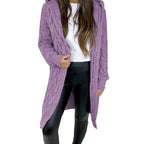 Women's Long Knit Coat with Textured Cable Design and Practical Hood