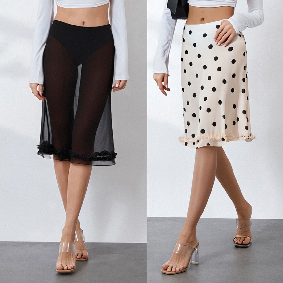 Women's Midi Skirt with Playful Polka Dot Pattern and Ruffle Details
