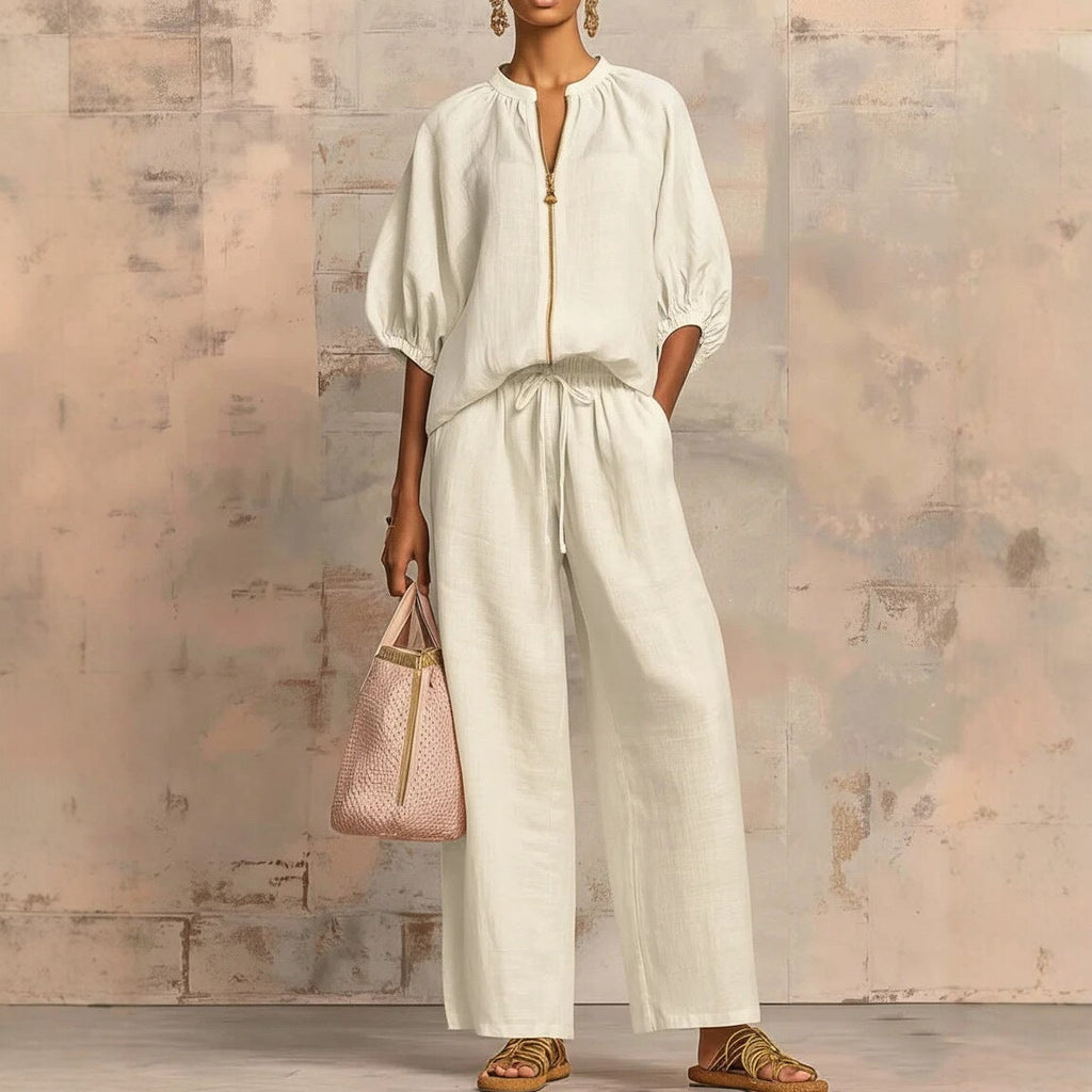 Women's Airy Two-Piece Set with Modern Collar and Zipper