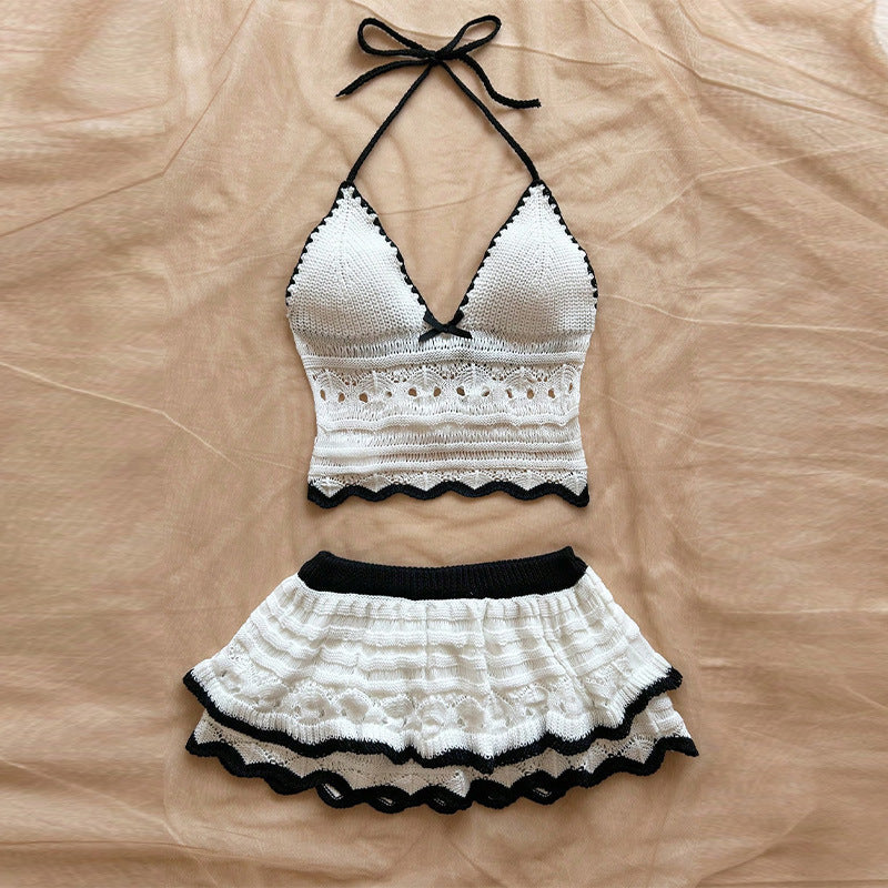 Women's Crop Top and Skirt Set with Decorative Crochet Pattern