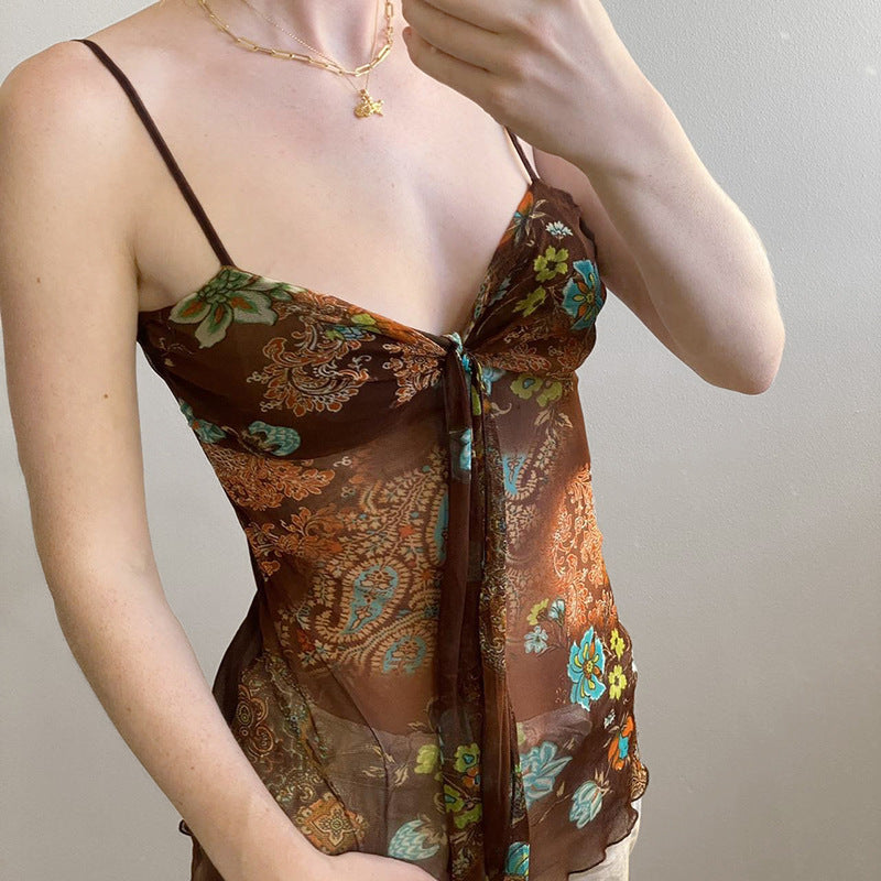 Women's Floral Spaghetti Strap Top with Flowing Design