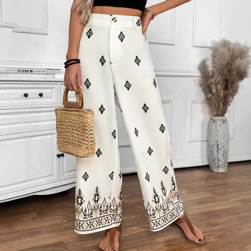 Women's Elegant Loose-Fit Patterned Trousers