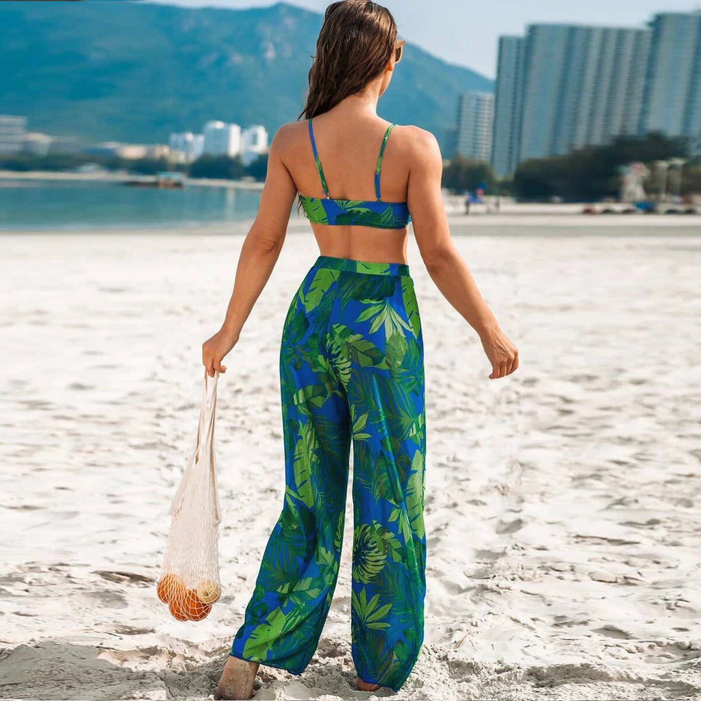 Women's Swim Set with Floral Design and Loose Palazzo Pants