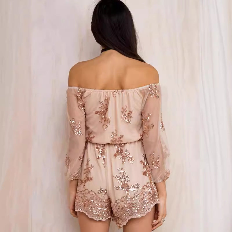 Elegant Playsuit with Floral Sequin Embellishments and Off-Shoulder Design