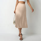 Women's Elegant Satin Midi Skirt with Flowing Cut and High Waist