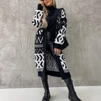 Women's Chunky Knit Cardigan with Graphic Pattern and Open Front