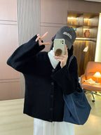 Women's Chunky Knit Cardigan with Drop Shoulders and Button Closure