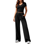 Ladies Casual Lounge Set with Tailored V-Neck Cropped Top and Loose Drawstring Pants
