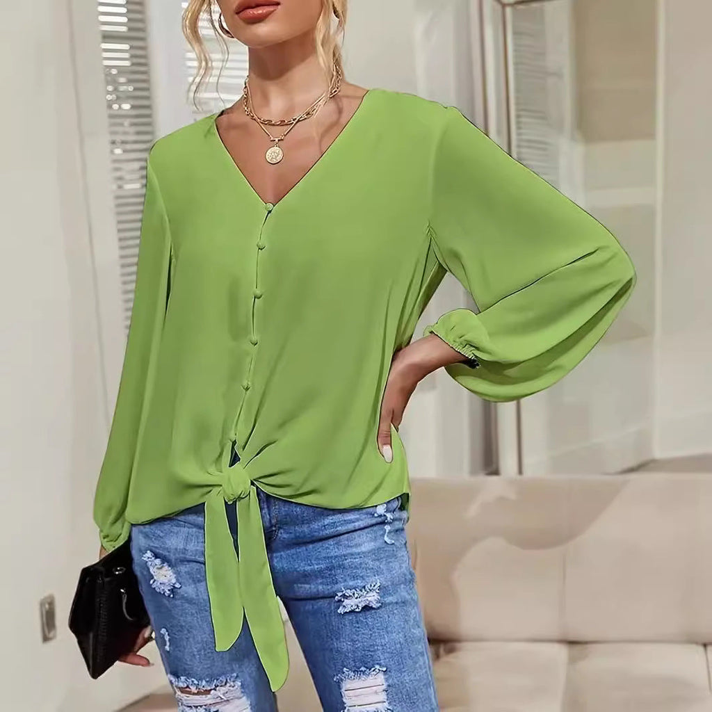 Elegant Women's Blouse with Knot Detail and V-Neck