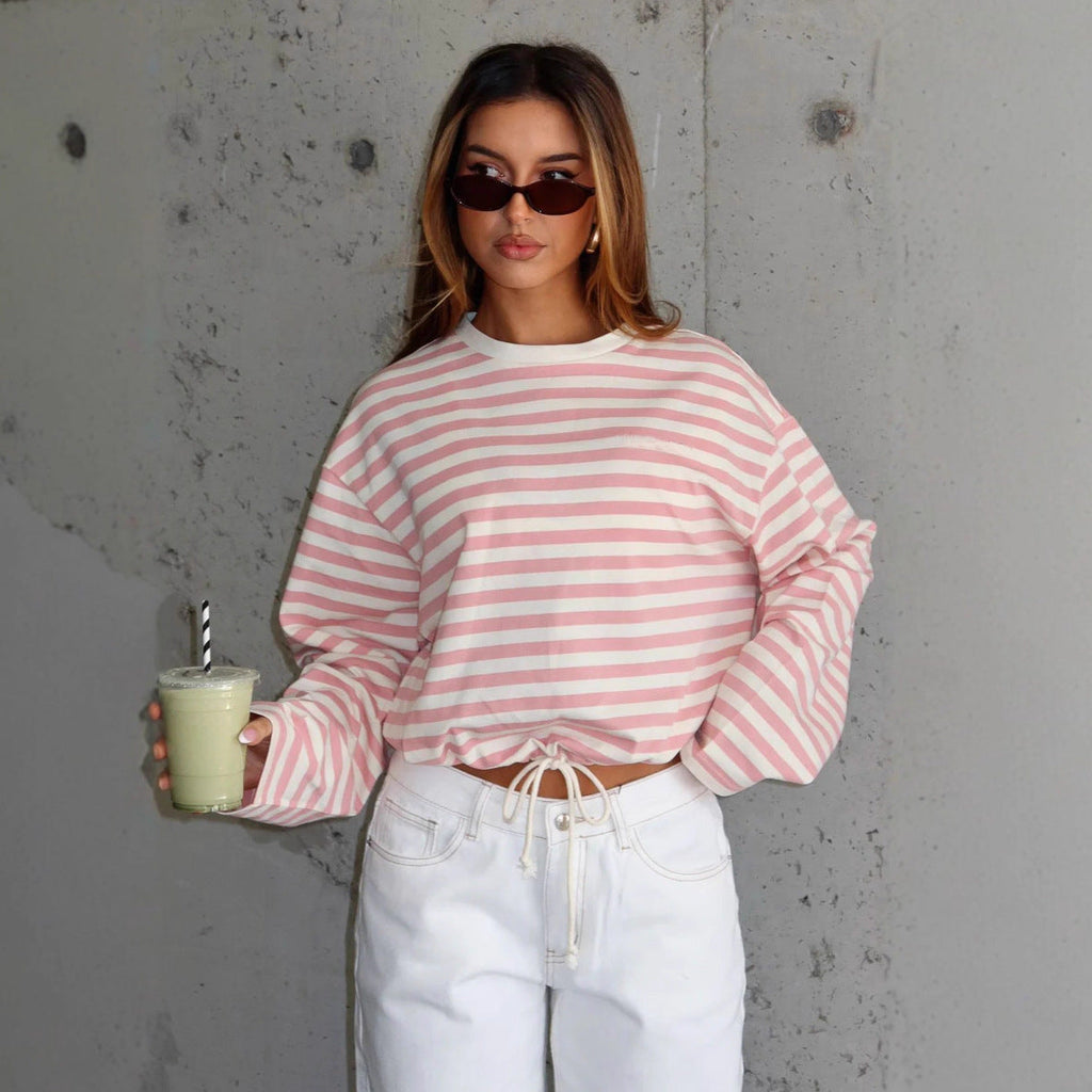 Women's Cropped Striped Sweatshirt with Drawstring