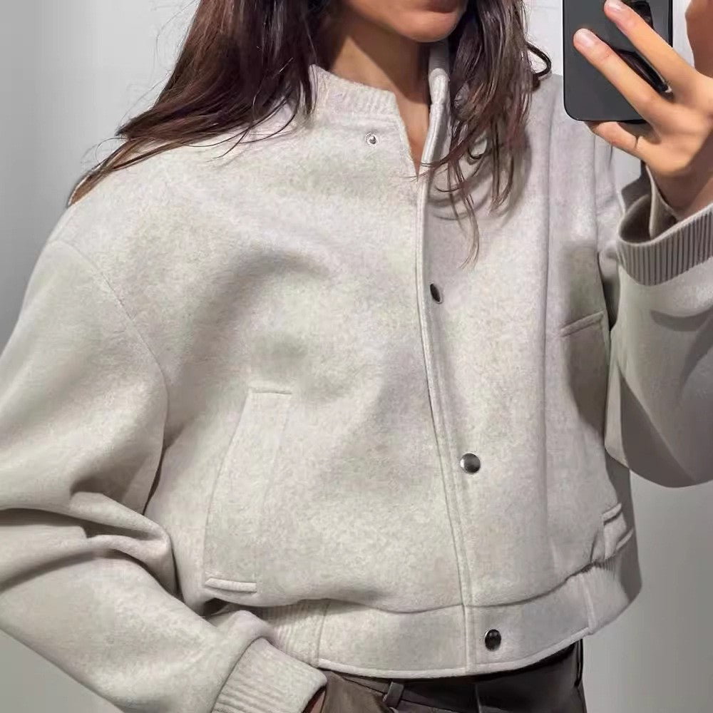 Women's Cropped Jacket with Modern Stand-up Collar and Snap Button Closure