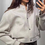 Women's Cropped Jacket with Modern Stand-up Collar and Snap Button Closure