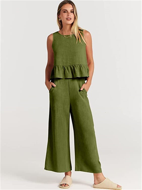 Women's Airy Two-Piece Set with Chic Peplum Top and Wide-Leg Pants