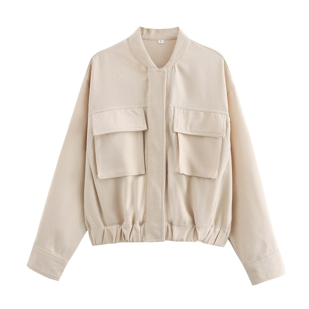 Women's Elegant Utility Jacket with Large Pockets and Elastic Hem
