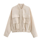 Women's Elegant Utility Jacket with Large Pockets and Elastic Hem