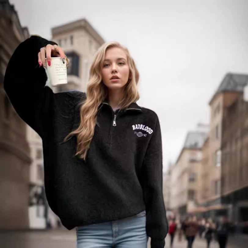 Women's Fluffy Mock Neck Sweater with Zipper