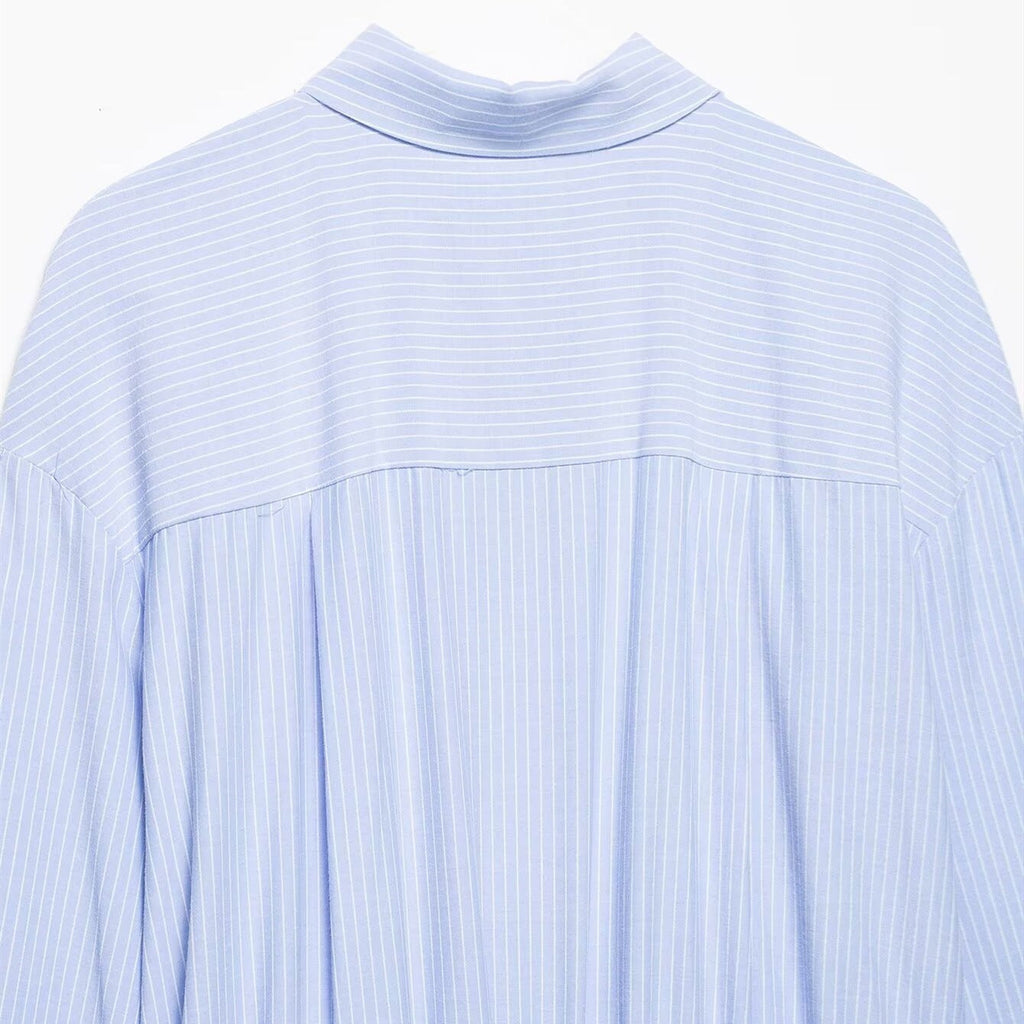 Women's Long-Sleeve Blouse with Asymmetric Knot Design and Fine Stripes