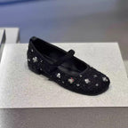 Women's Ballet Flats with Floral Glitter Accent and Adjustable Strap