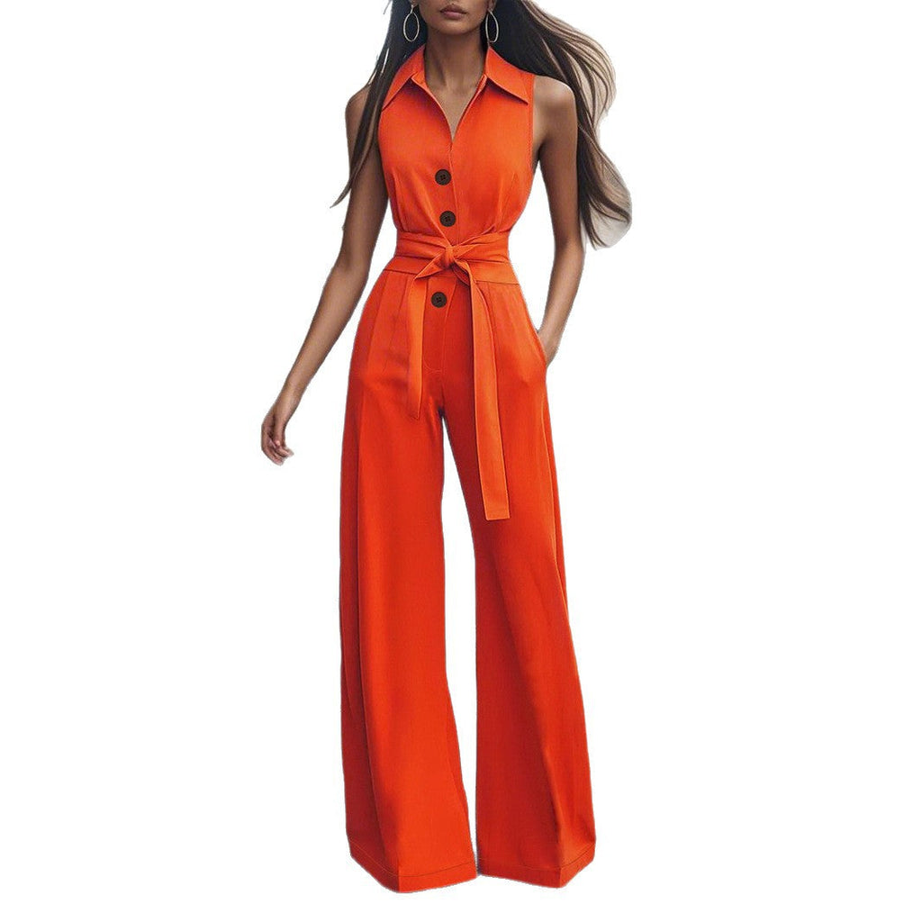 Elegant Women's Jumpsuit with Chic Collar and Waist Belt