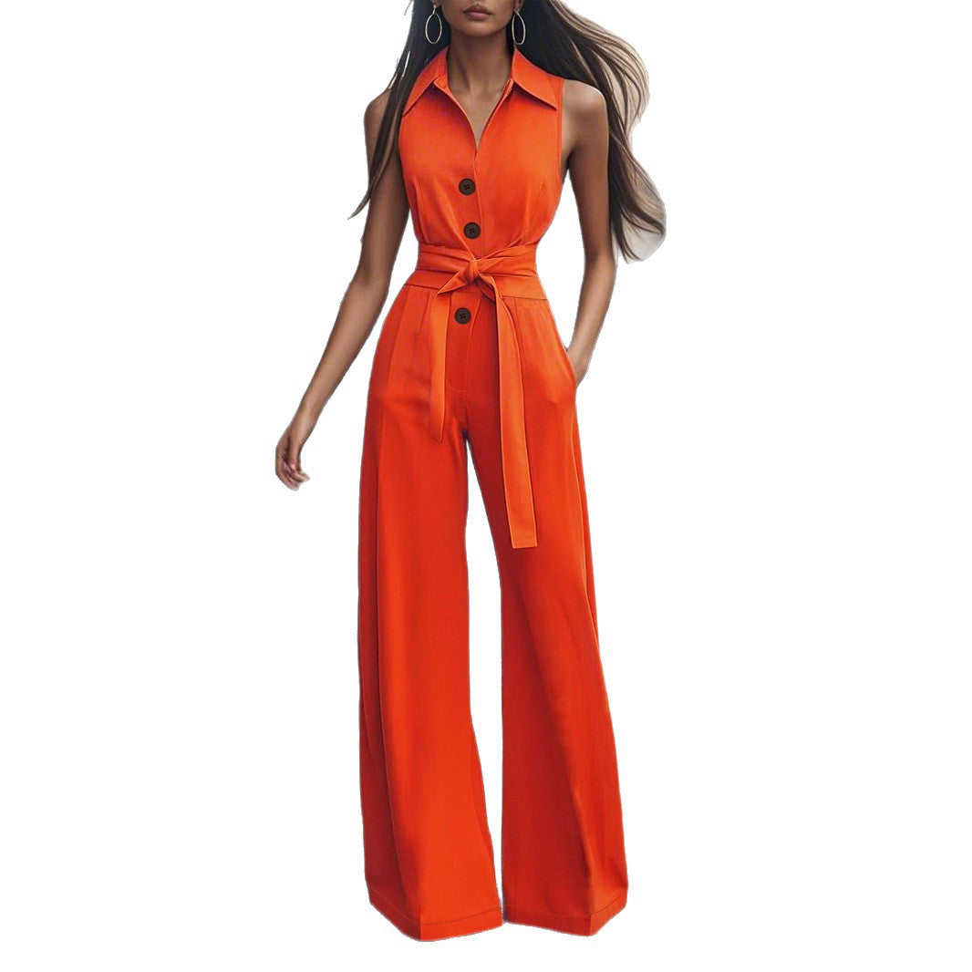 Elegant Women's Jumpsuit with Chic Collar and Waist Belt