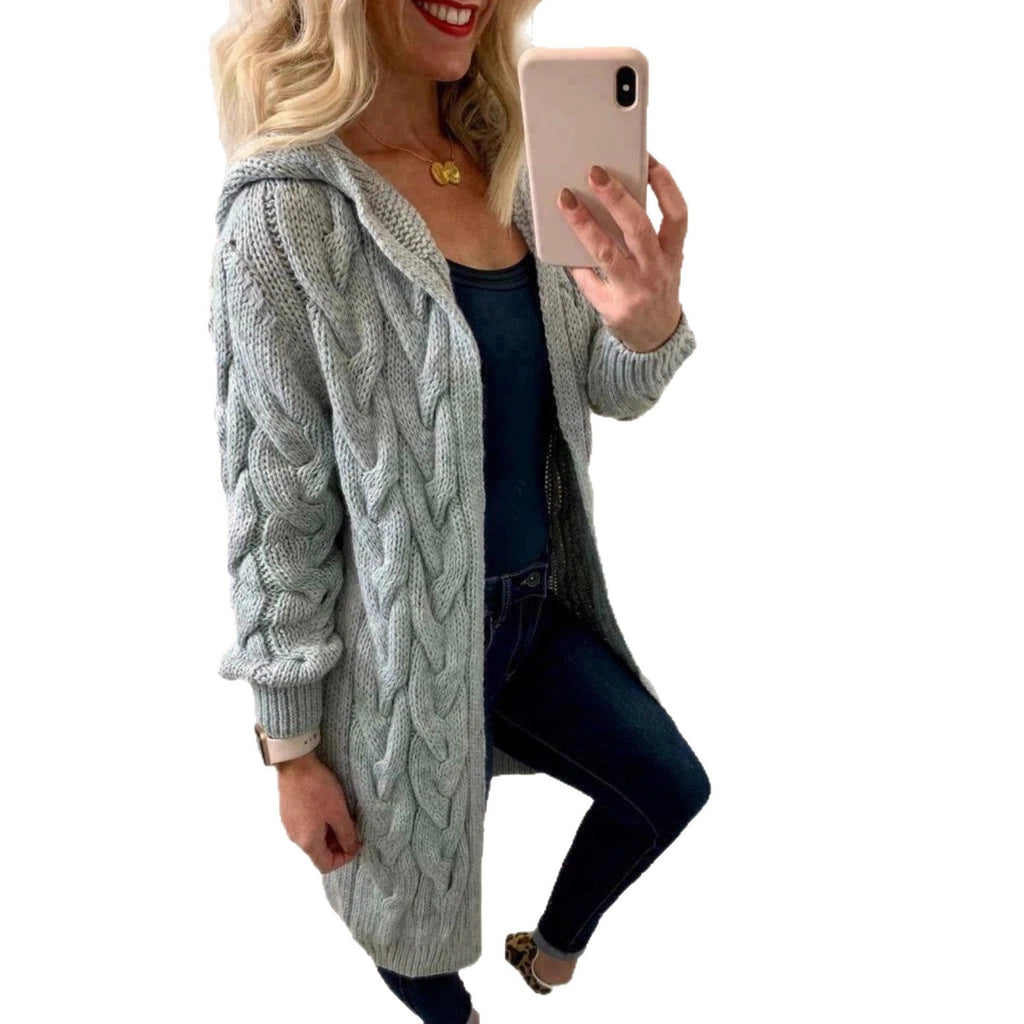 Women's Chunky Knit Cardigan with Hood and Cable Knit Pattern
